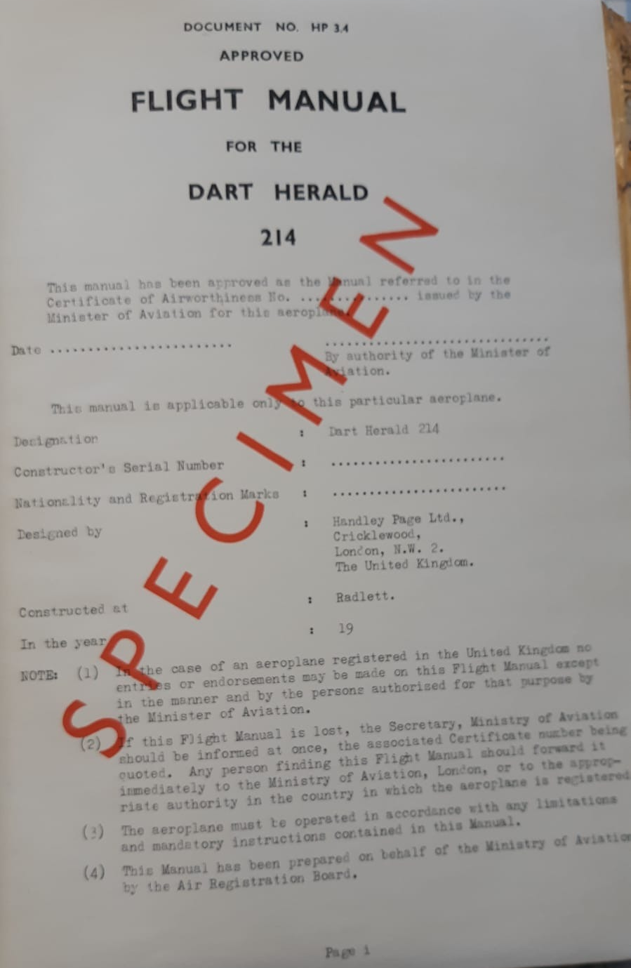 Specimen Flight Manual for a Dart Herald 214